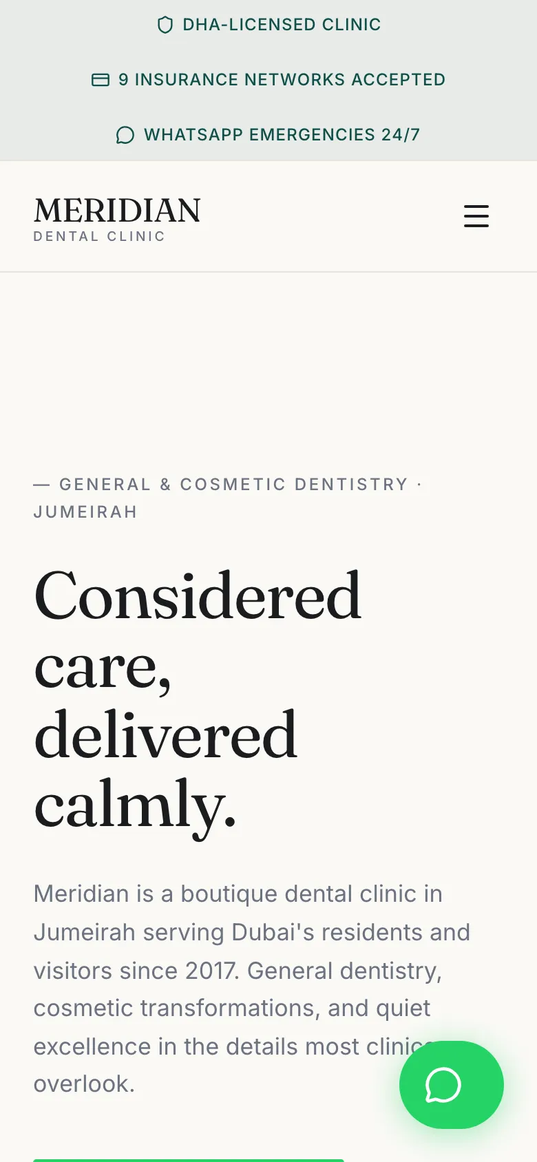 Mobile screenshot of the Meridian Dental Clinic reference build homepage